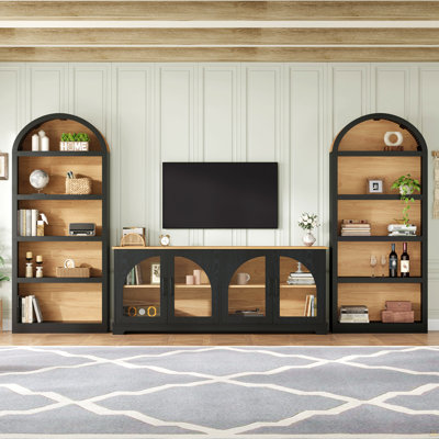 Ensemble de meuble télé 3 pièces avec bibliothèque pour téléviseur de 70 po ou moins, ensemble de divertissement à grain de bois bicolore