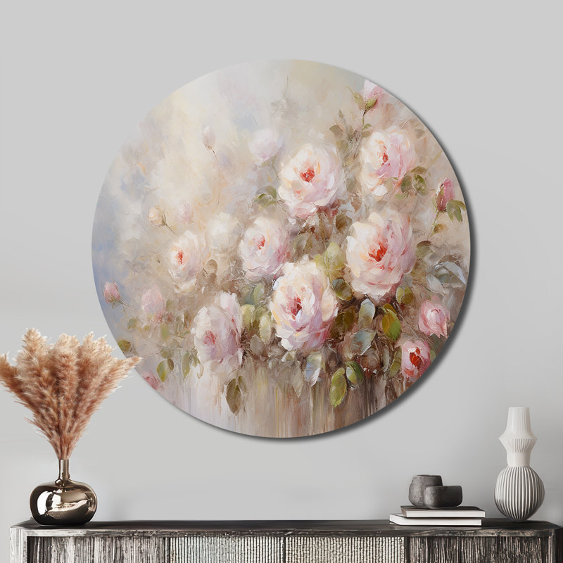 «Pink Roses Farmhouse Charm» - art mural floral rond en métal, H 16 po x l 16 po