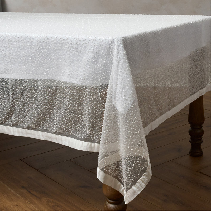 Beaded 56" X 118" Tablecloth - White
