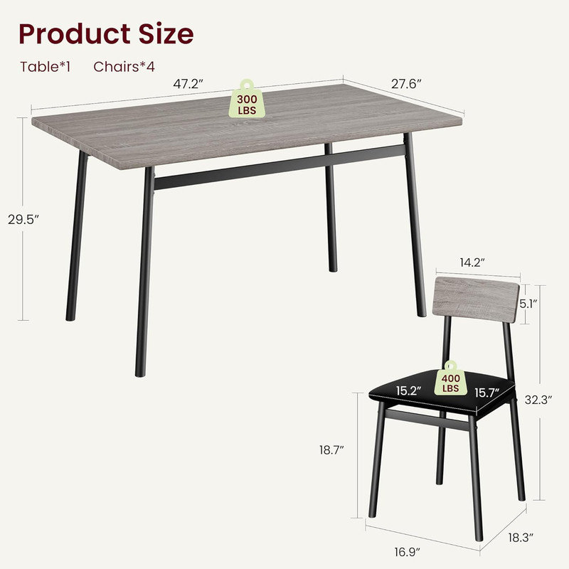 5-Piece Dining Table Set with Upholstered Chairs – Wooden Kitchen Table & Metal Frame, Smooth Edge, Space-Saving Design for Dining Room, Apartment