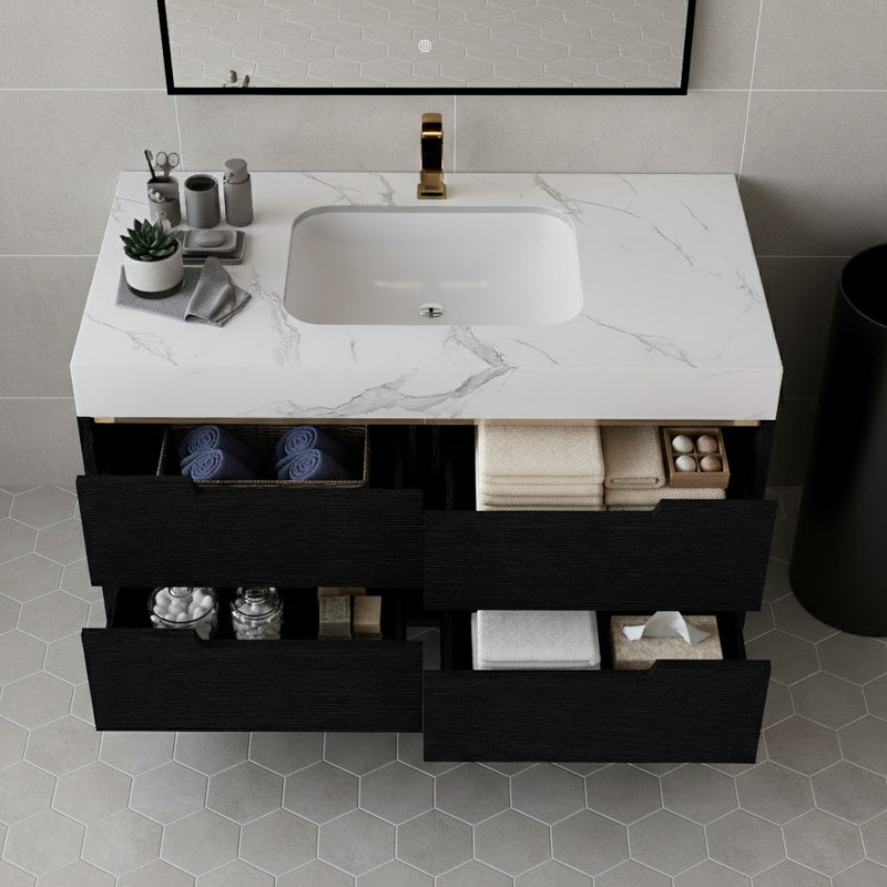 35.4" Farmhouse Free-Standing Sintered Stone Bathroom Vanity With Undermount Sink, Waterproof Multi-Layer Solid Wood, 4 Drawers Storage, Wall-Mounted
