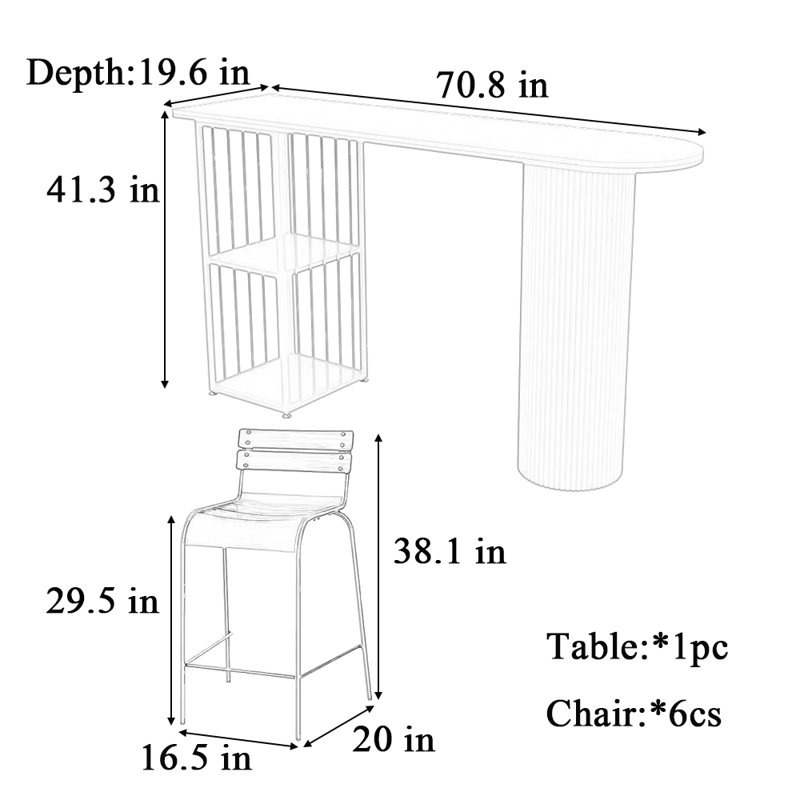 Table et chaise de bar Light Luxury, Blanc, Brun / Argenté, H 41,3 po x L 70,8 po x l 19,6 po