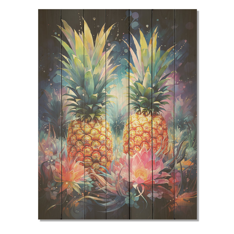 Ananas cosmique vert et jaune II - ananas sur bois, H 40 po x l 30 po