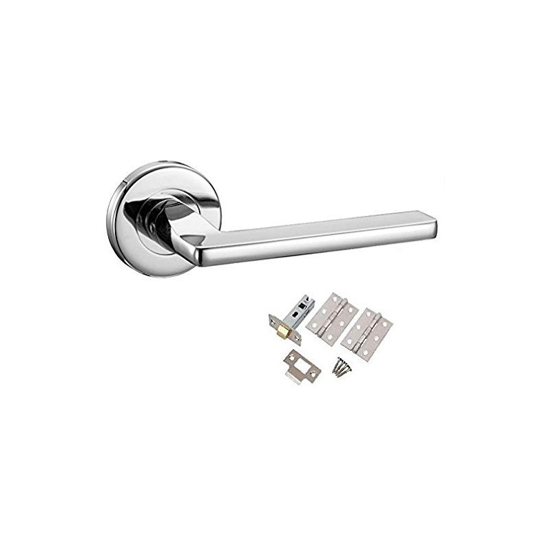 Leon Design Door Handles Sets Lever on Round Rose in Polished Chrome Finish with Pair of 3" Hinges & 2.5" Tubular Latch