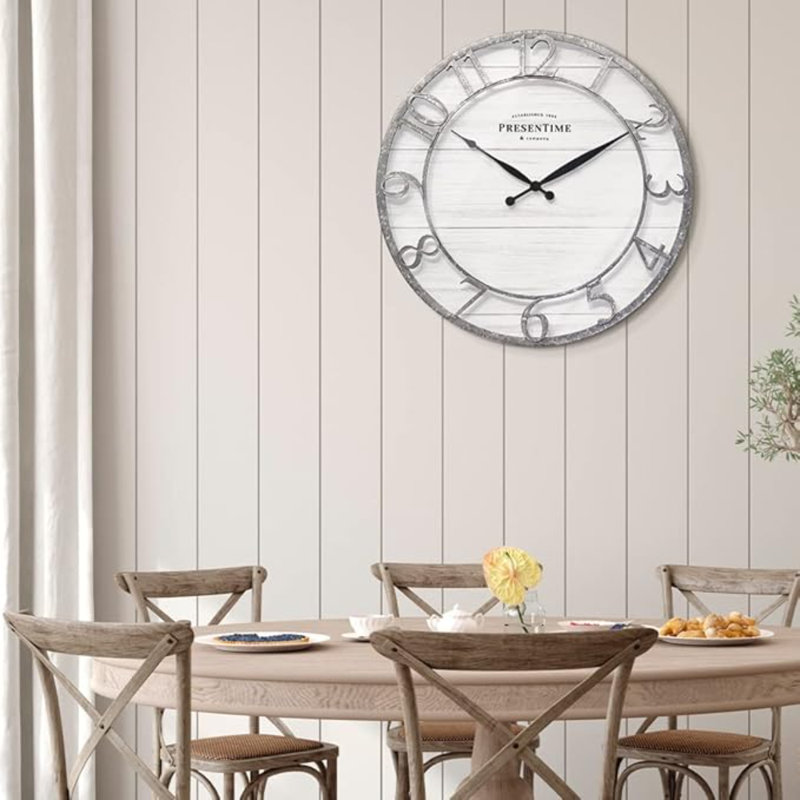 Presentime & Co 21" Farmhouse Series Wall Clock, Shiplap Style, Raised 3D Arabic Numeral, Galvanized Finish. Wall Décor For Living Room, Dining Room, And Entryway.