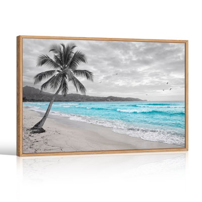 Art mural sur toile de palmier noir et blanc sur une plage turquoise