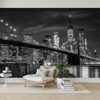 Peel and Stick Wallpaper 144" W x 100" H Modern Self Adhesive Wall Mural for Bedroom Brooklyn Bridge skyline night