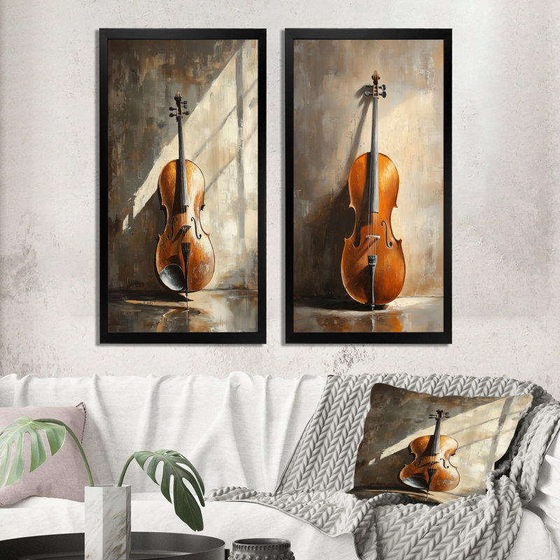 Solo sous une lumière chaude I - Ensemble de 2 toiles murales musicales, 40" H x 40" W, Black Picture Framed