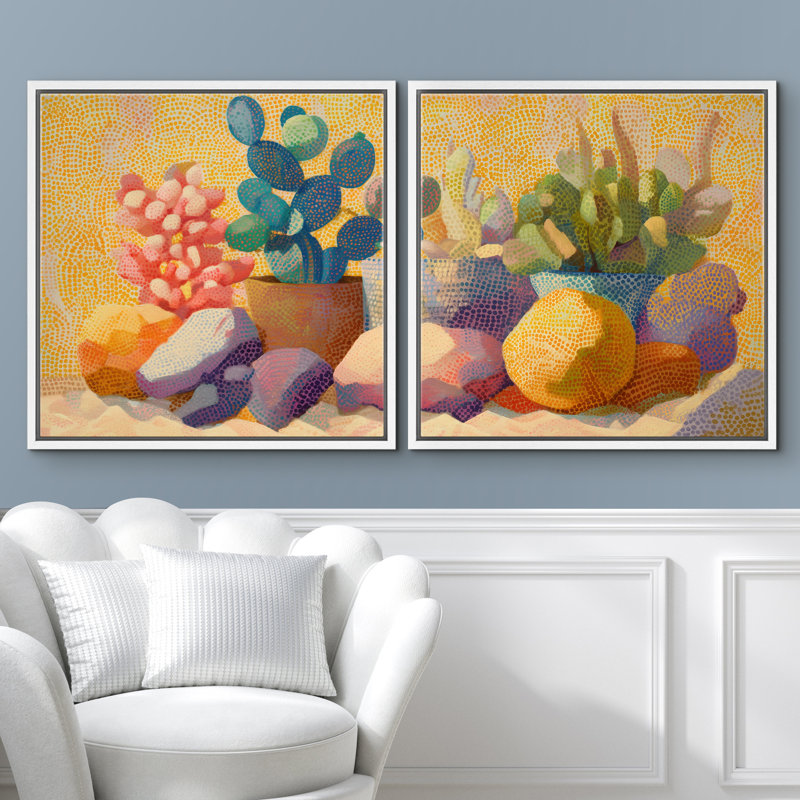 Cactus coloré nature morte, ensemble de décorations de style pointillisme encadré, œuvre d'art de la chambre principale, 2 pièces