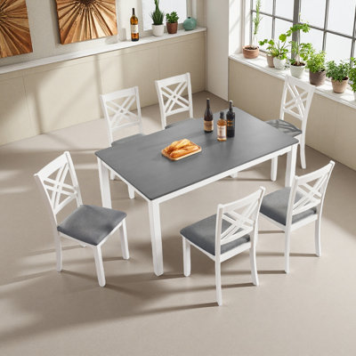 Modern 7-Piece Solid Wood Dining Set with 6 Upholstered Chairs Rectangular Table for 6, Space-Saving Kitchen & Dining Room Set, Easy Assembly