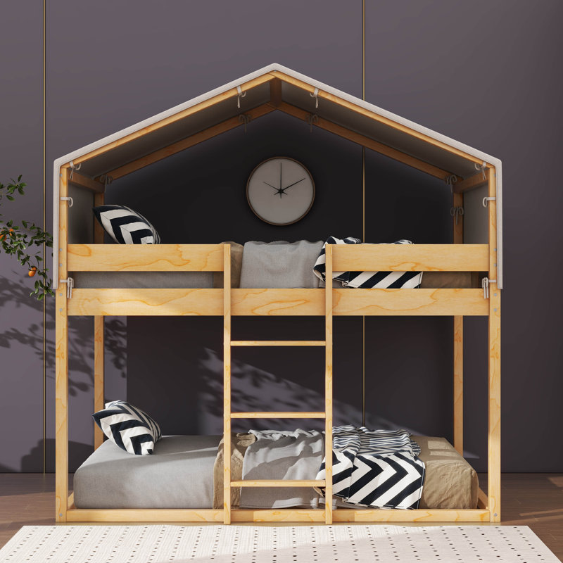 Comfy Twin-Over-Twin Wooden Bunk Bed With Cozy Tent Top, Natural