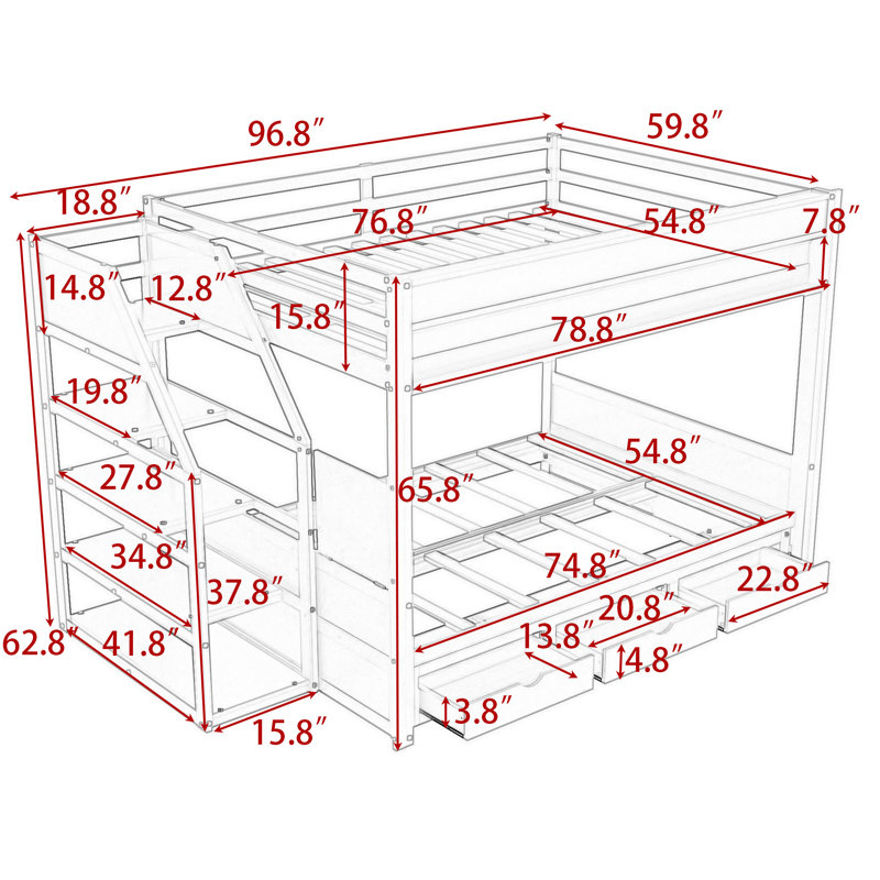 Lit superposé double au-dessus de double avec escalier de rangement et table de chevet Keyek, Gris
