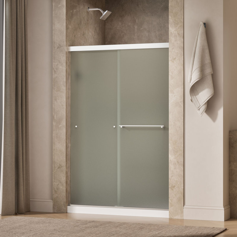 Revel Sliding Shower Door, 70-In H X 44-5/8 - 47-5/8-In W, With 1/4-In Thick Frosted Glass, Bright Polished Silver, Frosted