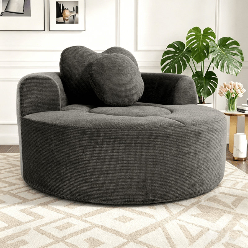 Fauteuil rond surdimensionné, fauteuil de 54 po en tissu bleu avec coussin éponge haute densité et 2 coussins pour le salon