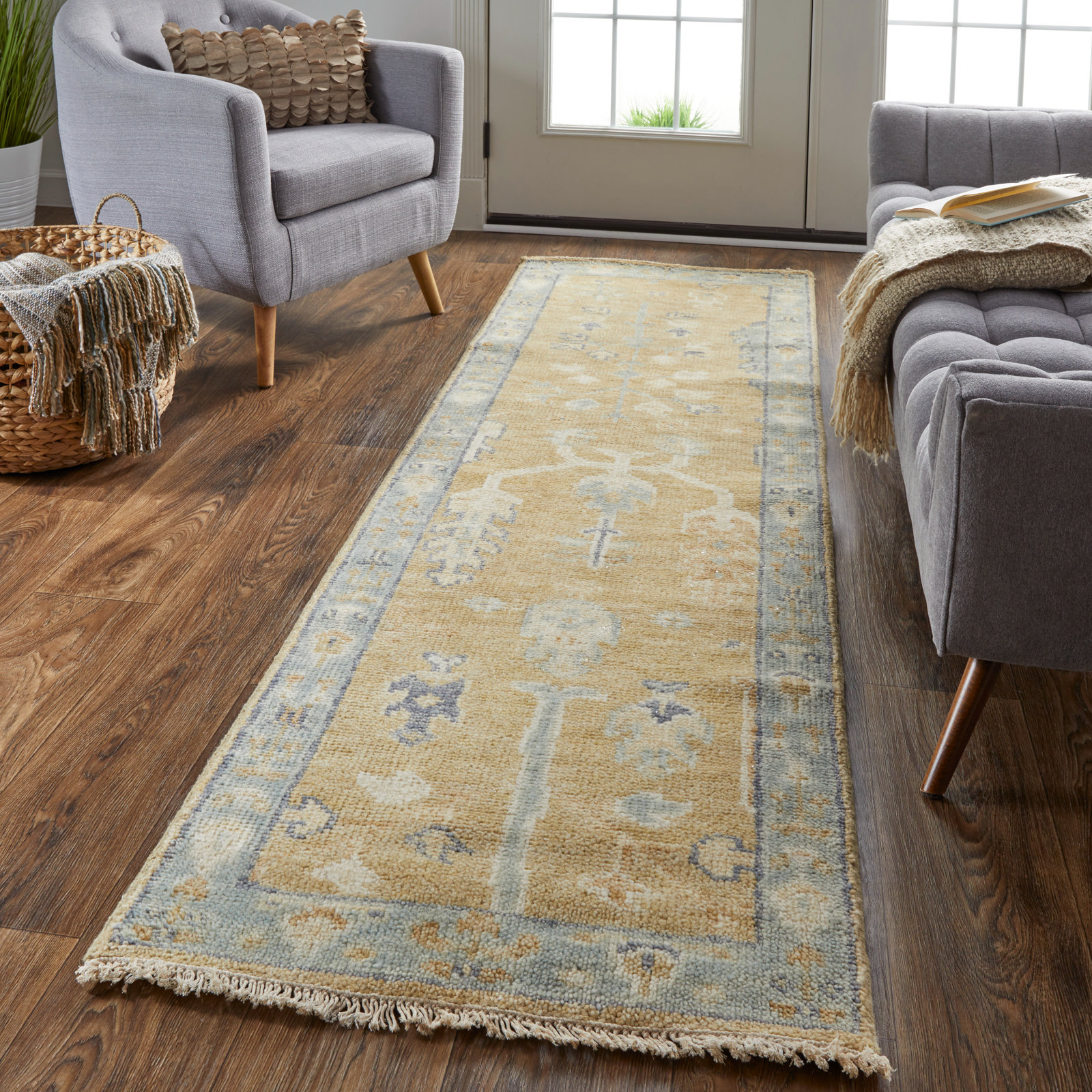 Brandonville Handmade Wool Gold/Light Blue Rug, Runner 2'6" x 8'