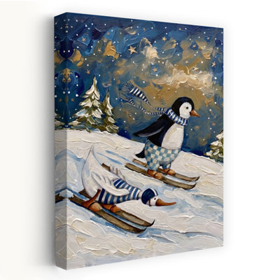 Whimsical Winter Skiing Animals Playful Whimsical Abstract Bird Duck Penguin Winter Landscape Wall Art Print 1 Piece Wrapped Canvas Wall Art