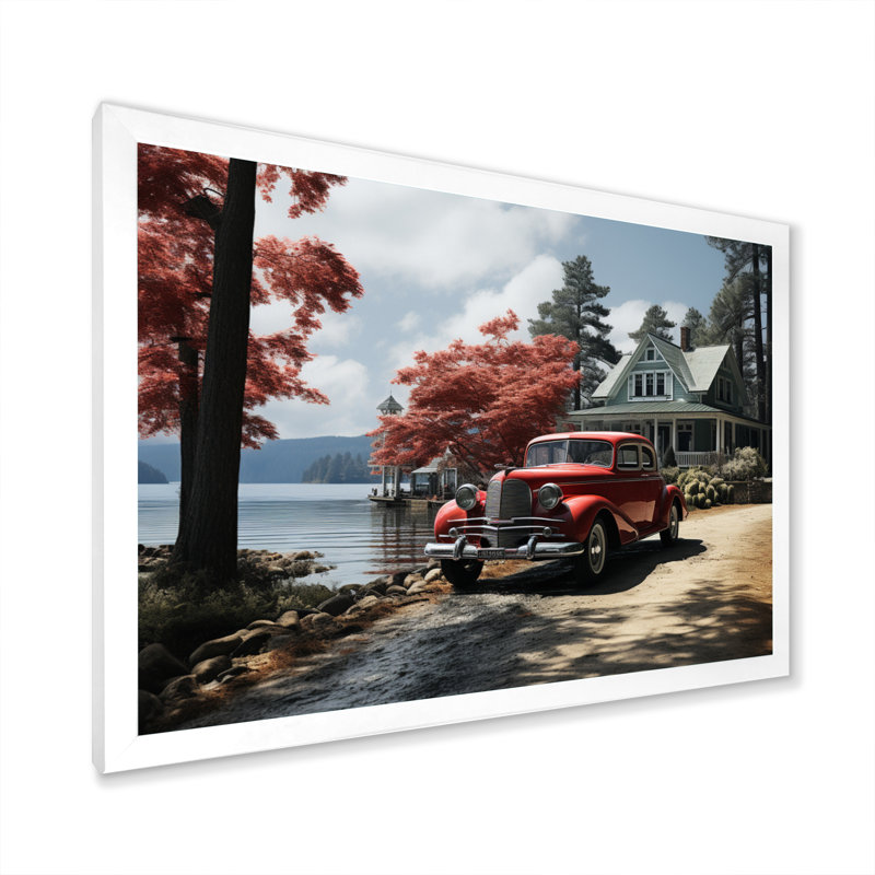 Impression sur toile Lakehouse Vintage Lakeside, Cadre photo blanc, H 30 po x l 40 po x P 1,5 po