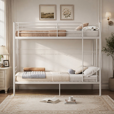 Lit superposé avec échelle et garde-corps élevé, capable de se diviser, lit superposé en métal, espace de rangement, silencieux, taille simple sur simple, blanc