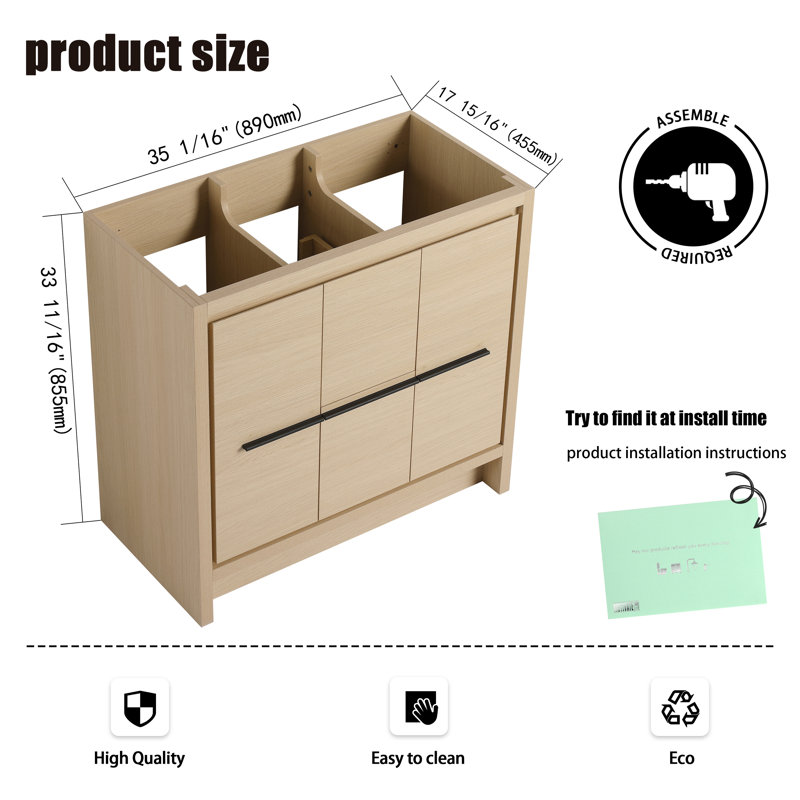 Base de meuble-lavabo sur pied 36 po avec 2 portes, 2 tiroirs et 2 tablettes