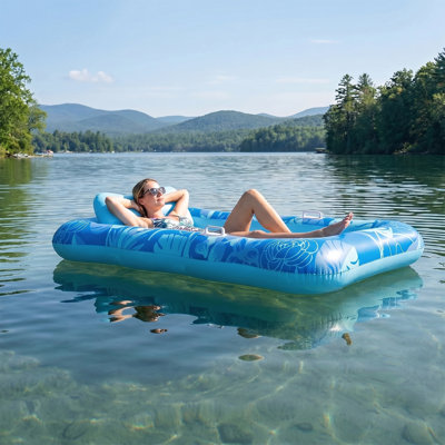 Premium Inflatable Pool Float Lounge With Headrest And Cup Holders, Breathable Water Hammock Raft, Summer Outdoor Water Floating Bed For Pool Lake Beach Party, 2 Colors & Multiple Sizes Optional,Lightweight, Foldable And Easy To Carry, Blue Plant