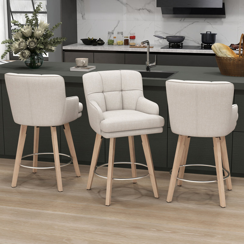 26''H Upholstered 360°Swivel Counter Height Bar Stools, Wood Legs Kitchen Island Chairs, Beige Seat/ Natural Frame, 3