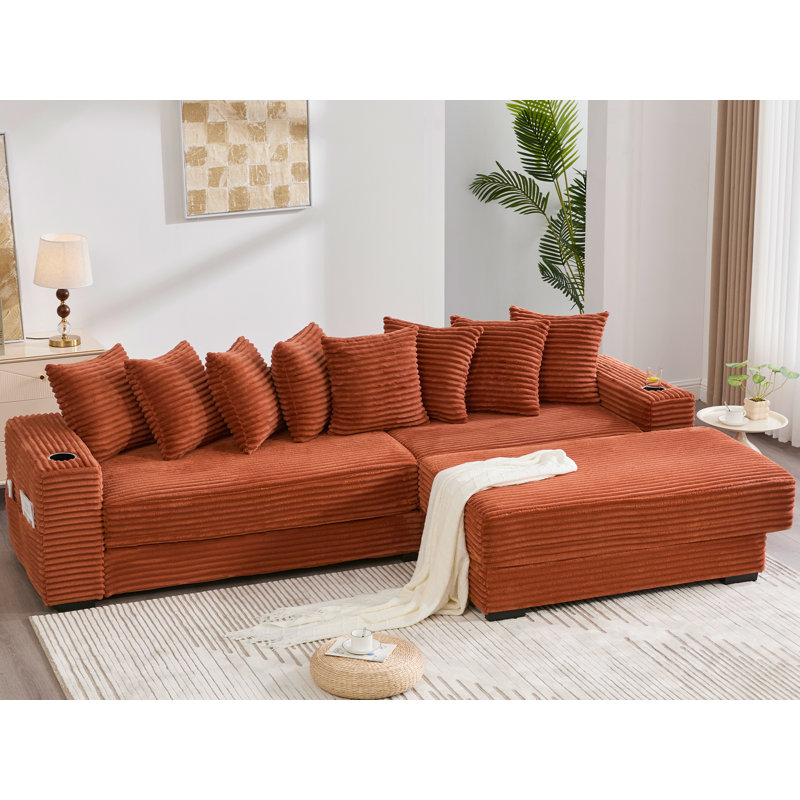 Canapé modulaire réversible en L, Velours côtelé orange