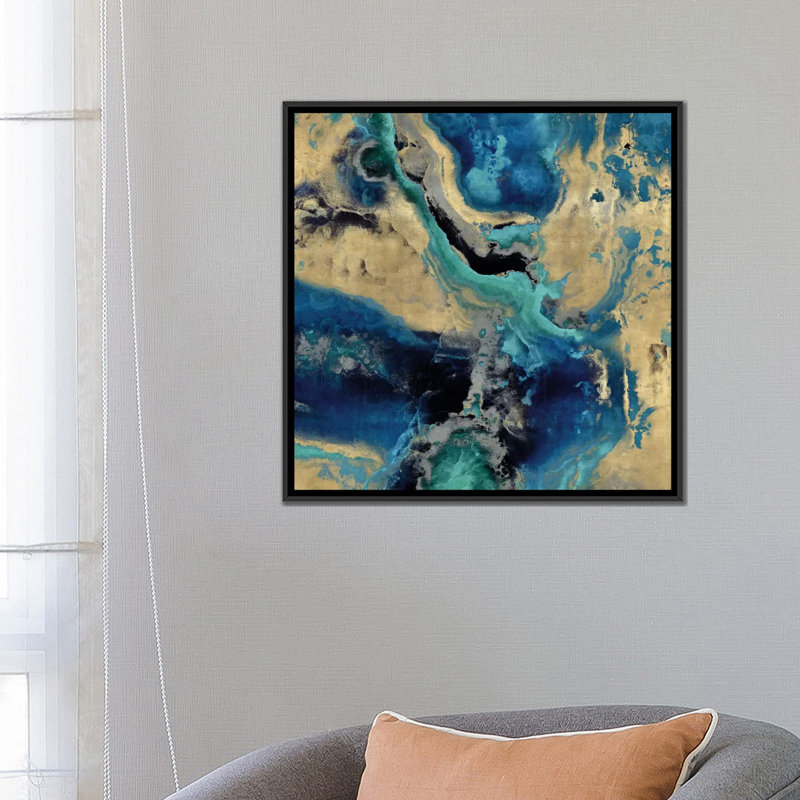 «Stone with Blue and Gold», reproduction sur toile, H 37 po x l 37 po x P 1,5 po, Toile avec cadre noir, Pas de tapis
