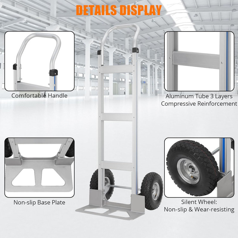 Heavy Duty Aluminium Folding Hand Truck, 250kg Capacity, 25cm Rubber Wheels, Horizontal Loop Handle for Moving Home Shop Garden