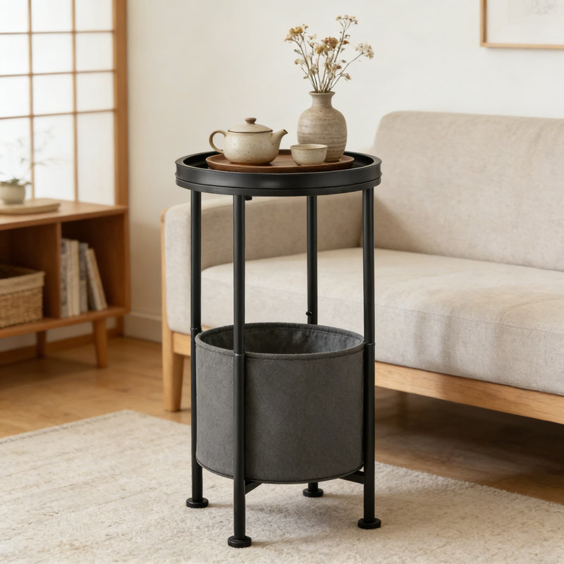 2-Tier Round End Table With Storage Basket, Modern Side Table For Living Room And Bedroom, Space-Saving Nightstand Or Sofa Table With Hidden Storage And Stable Design