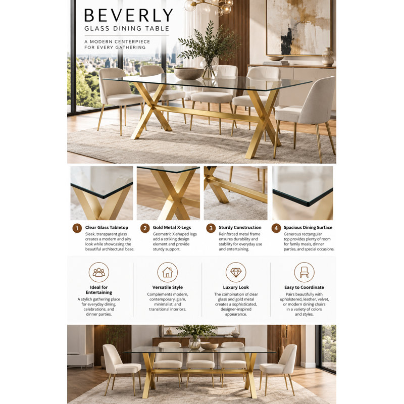 Beverly Modern Glass Dining Table with Gold Metal X-Legs – Contemporary Rectangular Dining Table, Gold