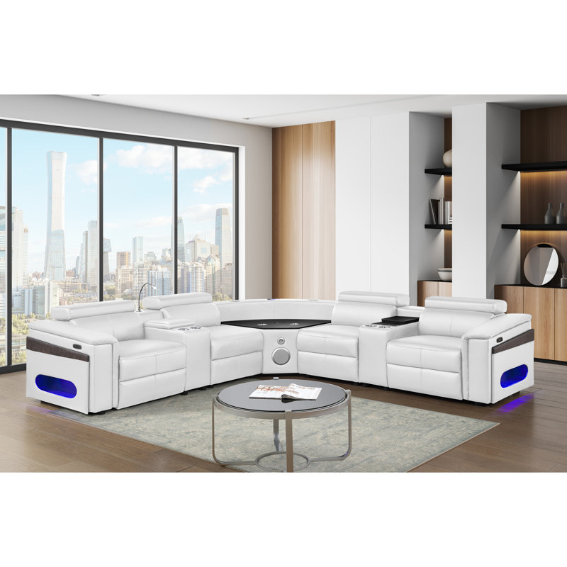 Canapé modulaire blanc moderne avec 2 consoles de lecture et réfrigérateur, 4 sièges, électrique, appuis-tête réglables, tapis de recharge sans fil, ports, système audio, barre de levage à DEL avec éclairage, rangement en forme de L de 4 po