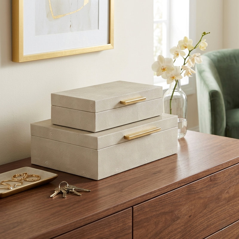 Rebeka 2 Piece Faux Leather Decorative Box Set, Cream