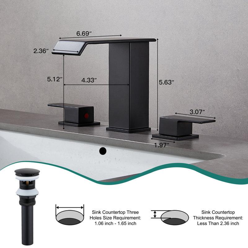 Robinet de salle de bain 8 pouces à 3 trous et 2 poignées pour évier de salle de bain avec bonde escamotable, Noir mat