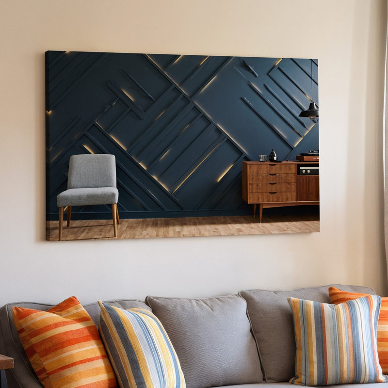 Toile, une scène intérieure moderne avec un art mural géométrique épuré avec des tons foncés et des accents dorés subtils créant une toile d'art sur toile