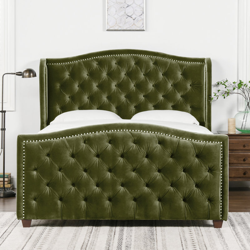 Coleman Upholstered Wingback Bed, Queen, Olive Green Velvet