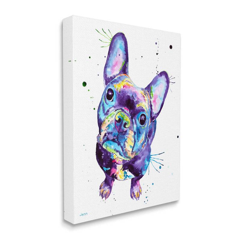 Bouledogue français sur toile mauve par Jen Seeley, H 20 po x l 16 po x P 1,5 po