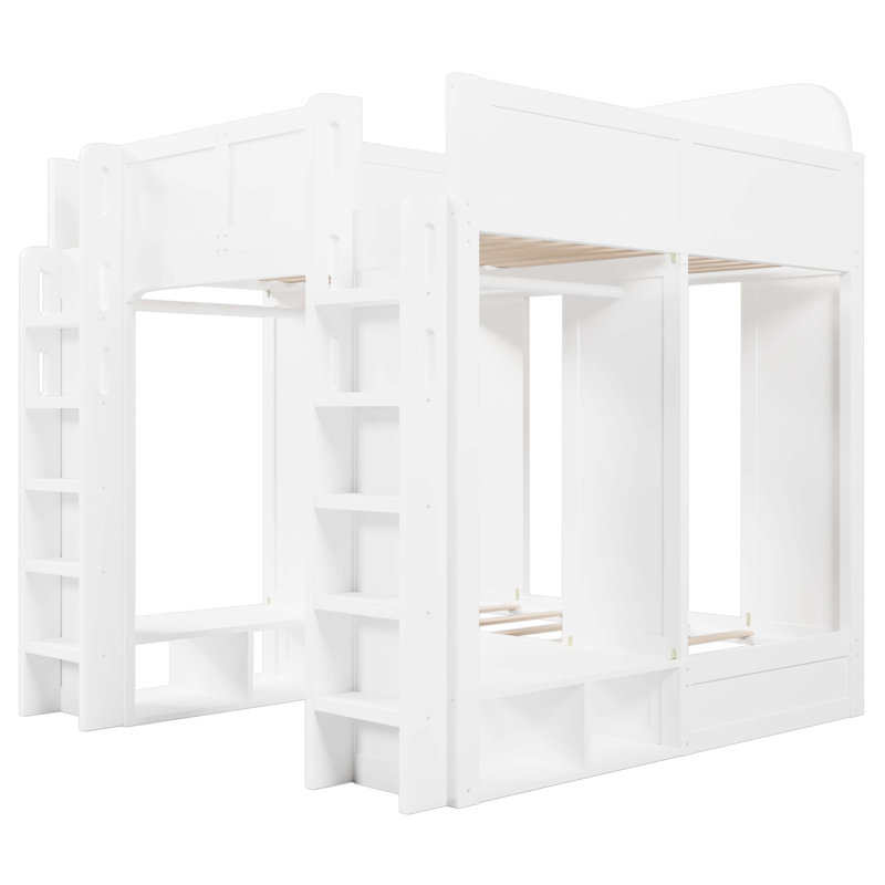 Triple Bunk Bed With Storage Shelves And Hooks, Twin +Twin Over Twin Xl, White