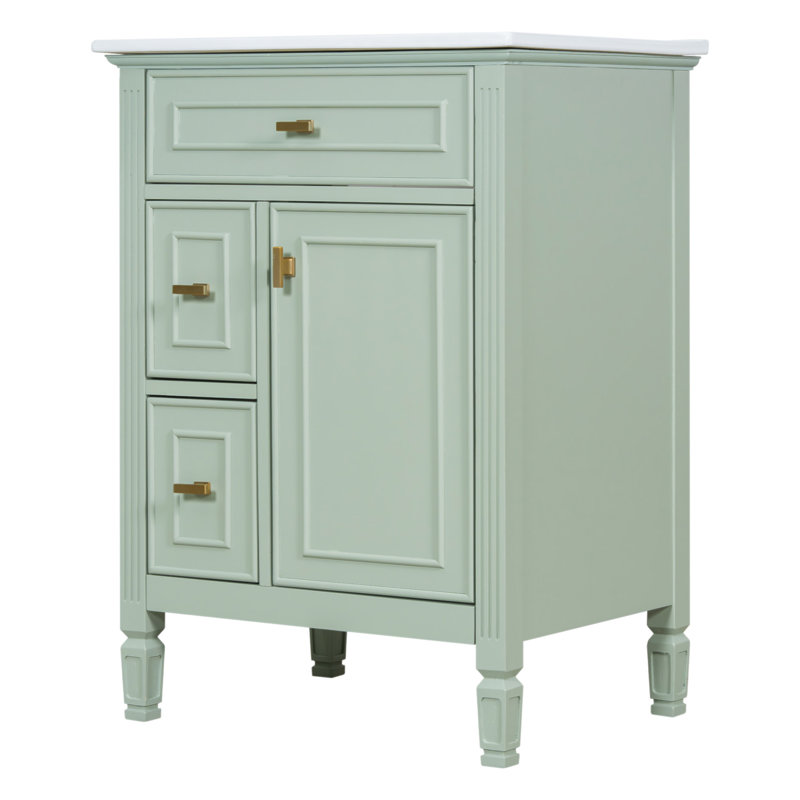 Meuble-lavabo de 24 pouces avec lavabo, armoire en bois massif et panneau de fibres à densité moyenne avec un tiroir rabattable, deux tiroirs standard et une tablette réglable, meuble-lavabo vert autoportant pour le rangement de la salle de bain