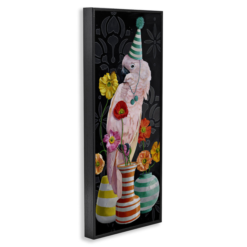 Cacatoès et vases rayés, estampe numérique, design par Heather, Giclée encadrée noir minuit, H 24 po x l 10 po