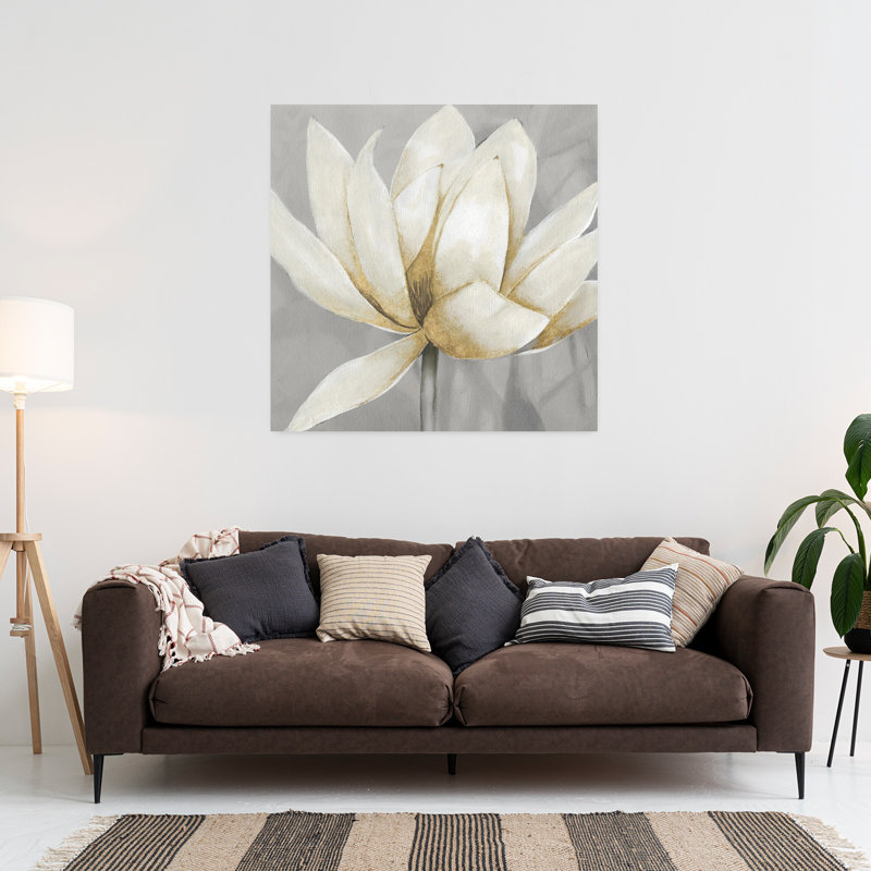 Art doré, nénuphar doré II abstrait contemporain, fleur de magnolia, H 36 po x l 36 po