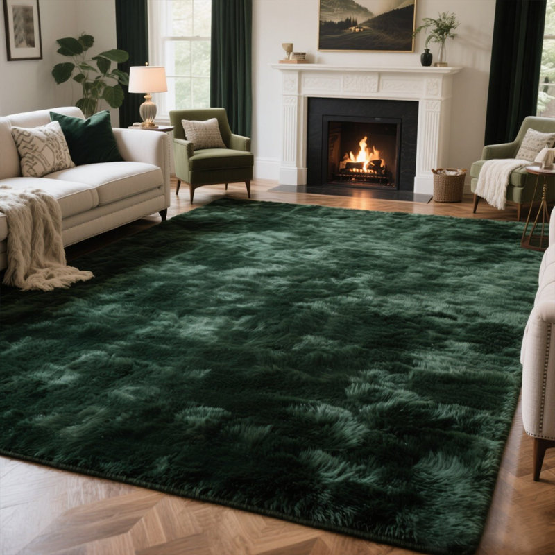 Élégant tapis moelleux vert foncé moelleux, Rectangulaire 8 pi x 10 pi