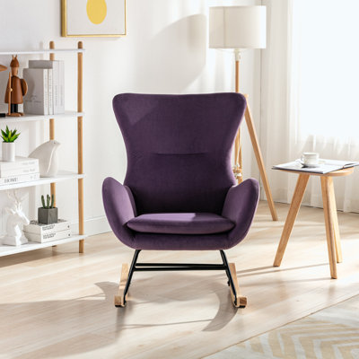 Teddy Rocking Chair With Iron Frame & Solid Wood Legs, Modern Glider Rocker Accent Chair, Upholstered Rocking Armchair For Bedroom Living Room Office