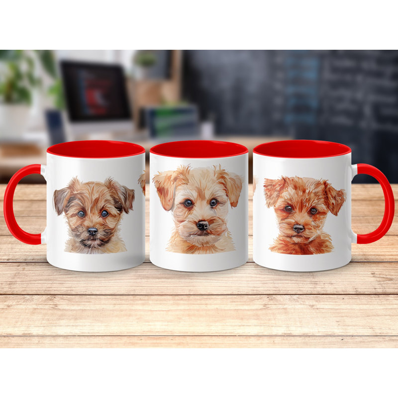 Adorable Watercolor Terrier Puppies 11oz Coffee Mug, 3, Red