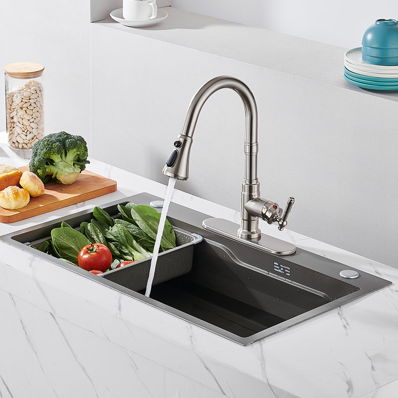 Robinet de cuisine rétractable à poignée simple avec plaque de pont, Nickel brossé
