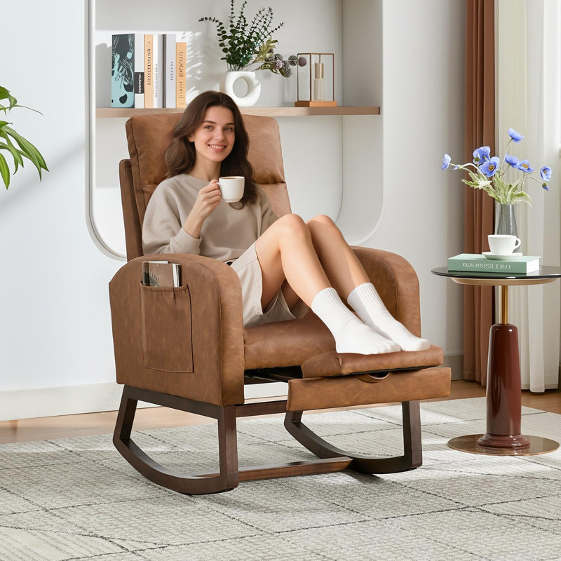 Chaise berçante avec repose-pieds réglable, fauteuil coulissant avec poche latérale pour le salon et la chambre à coucher