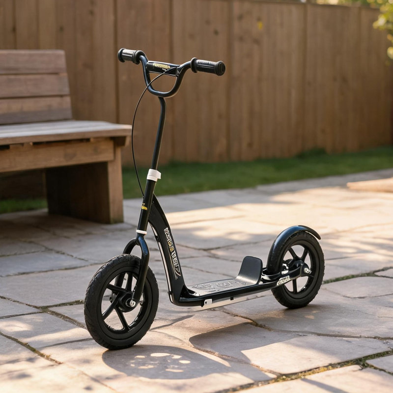 Scooter en acier noir mat pour les enfants de 5 à 12 ans avec guidon réglable et 12 grandes roues