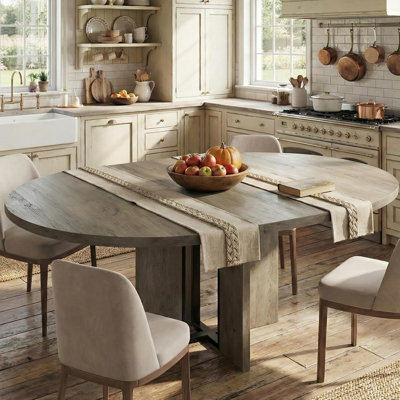 47"-63" Extendable Round Dining RoomTable for 4-8, Farmhouse Wood Expandable Kitchen Table w/ Wider Legs, Sturdy Metal Support, Oval Circle, for Dinner, Kitchen, Apartment, Space Save