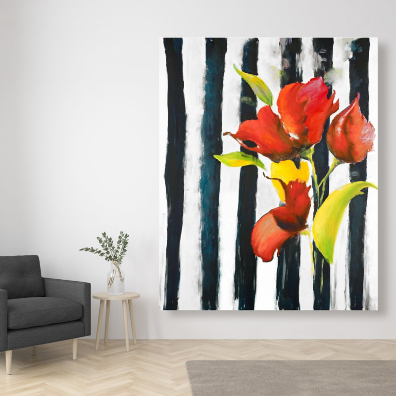 Fleurs sur rayures noires et blanches - Toile de chambre tendance