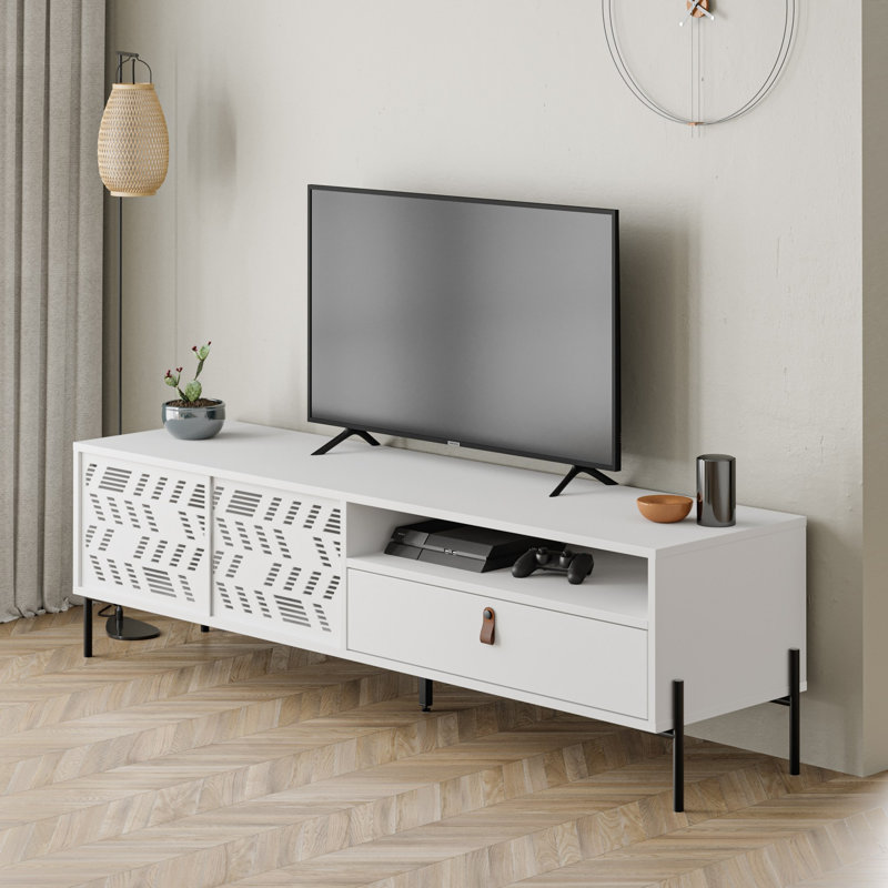 Meuble télé blanc moderne avec de nombreuses tablettes, 66,9 po x 19,1 po x 17,7 po | 100% panneau de particules enduit de mélamine, épaisseur: 0,7 pouce | Conception géométrique élégante, parfaite pour le salon et les espaces de divertissement