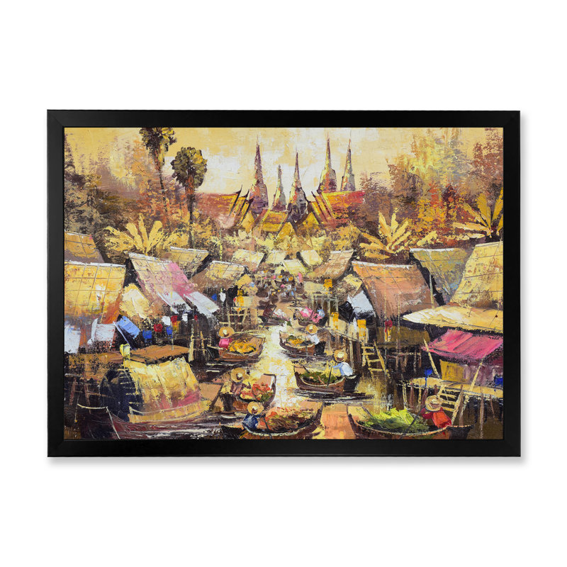 Vie rétro asiatique au bord de l'eau III - peinture sur toile, Cadre d'angle fermé noir, H 8 po x l 12 po x P 1 po